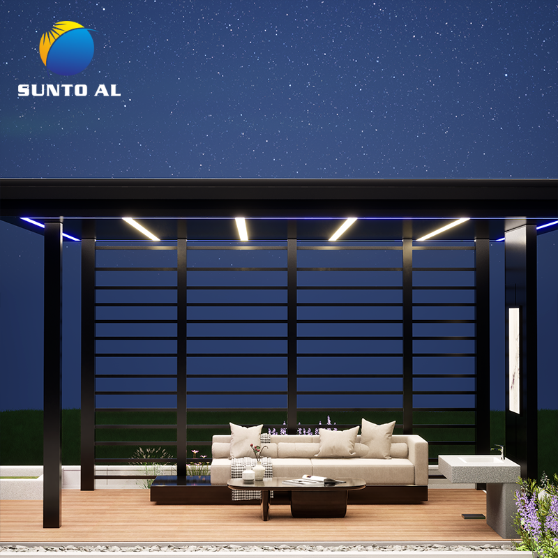 Sunto Outdoor Steel Pergola Gazebo with Aluminium Canopy Wall Mounted LED Lights Waterproof Motorized Roof Cover Louver Opening - 副本