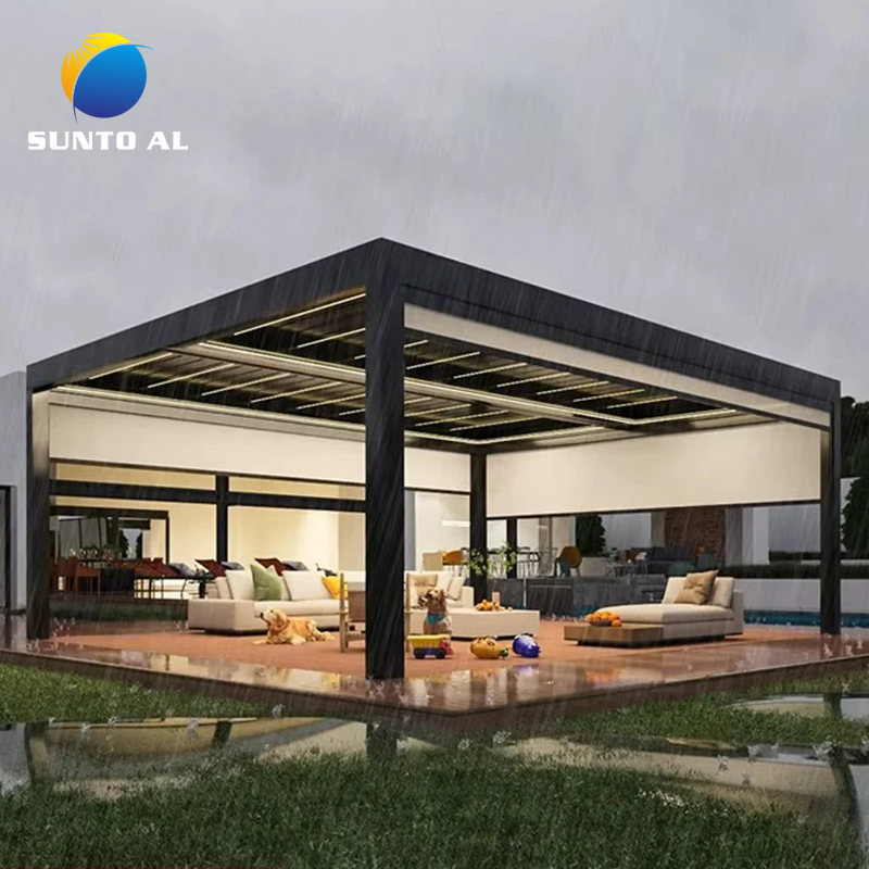 Waterproof Outdoor Aluminum Pergola Roof Aluminum Gazebo Canopy Wirh LED Light for Patio Garden Villas Prefab Houses Workshops